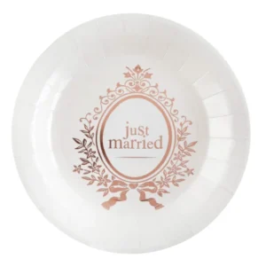 Assiettes en carton Just Married pour mariage chic blanches et rose gold