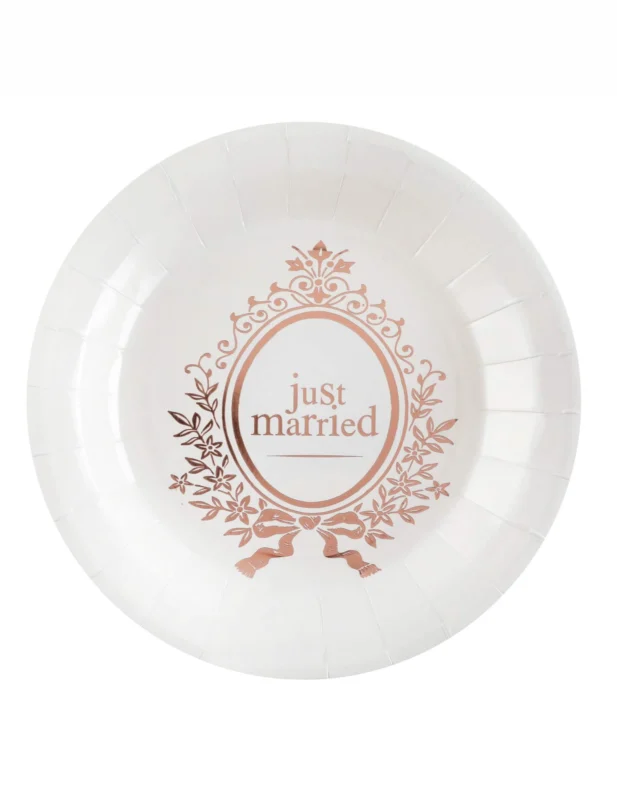 Assiettes en carton Just Married pour mariage chic blanches et rose gold