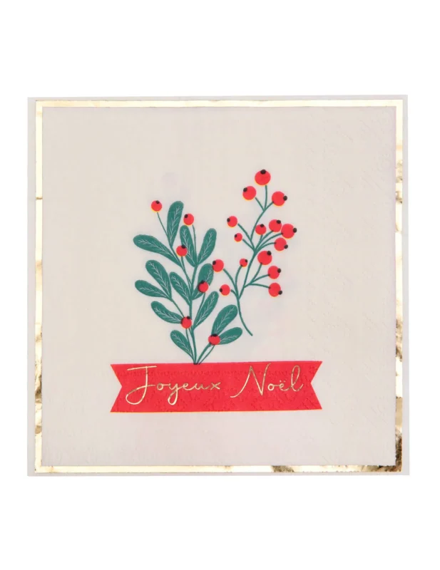Serviettes houx de noël pour décoration de table avec bordure dorée