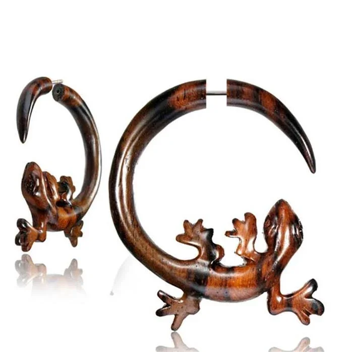 Fake Piercing Narraholz Edelstahl handgeschnitzt Gekko oder Ornament