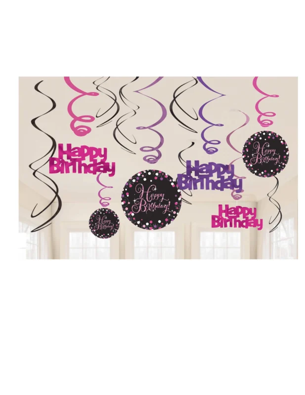 Suspensions spirales Happy Birthday célébration pétillante pour anniversaire rose violet et noir