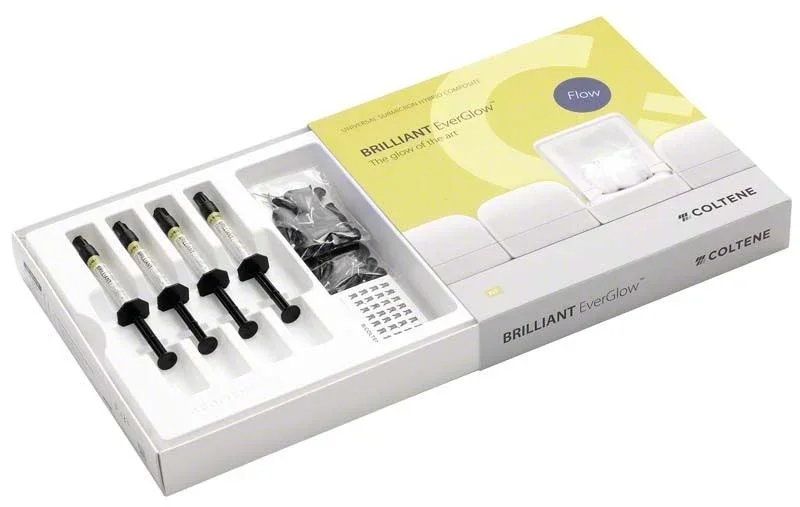 Einführungsset von BRILLIANT EverGlow™ Flow mit Spritzen und Zubehör.