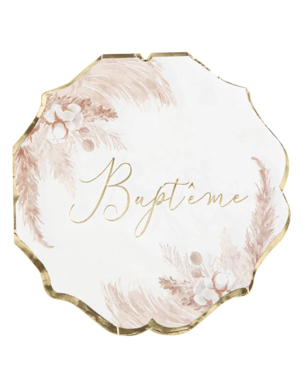 Serviettes en papier pampas et fleurs de coton pour baptême dorées