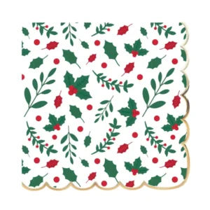 Serviettes en papier festonnées houx pour Noël blanches et vertes avec bord doré