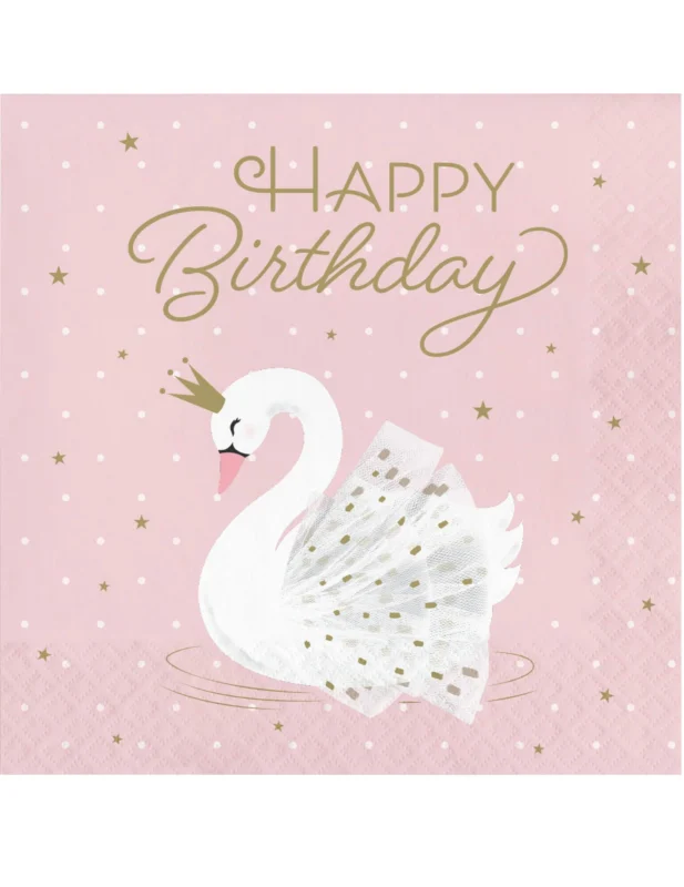 Serviettes en papier Happy Birthday cygne royal roses avec étoiles dorées