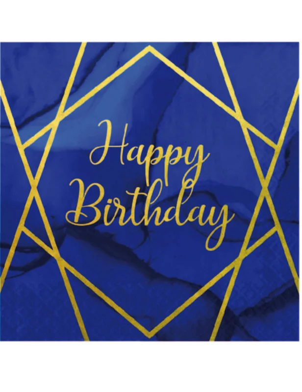 Serviettes en papier happy birthday marbre pour anniversaire bleues et dorées