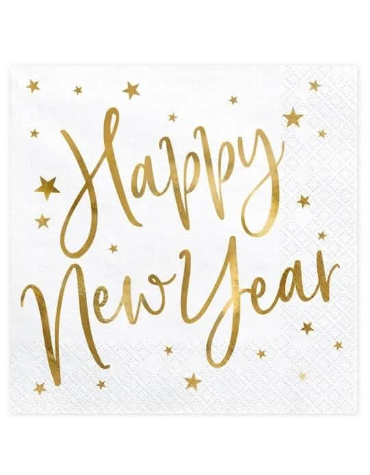 Serviettes en papier Happy New Year blanches et dorées à étoiles