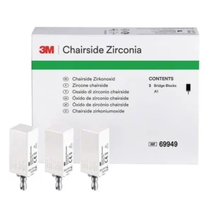 3M™ Chairside Zirkoniumoxid 39mm A1 mit Verpackung und drei Blöcken.
