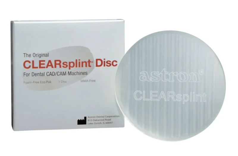 astron® CLEARsplint® Blank ohne Schulter für Dentalmaschinen, Verpackung und Produktansicht.