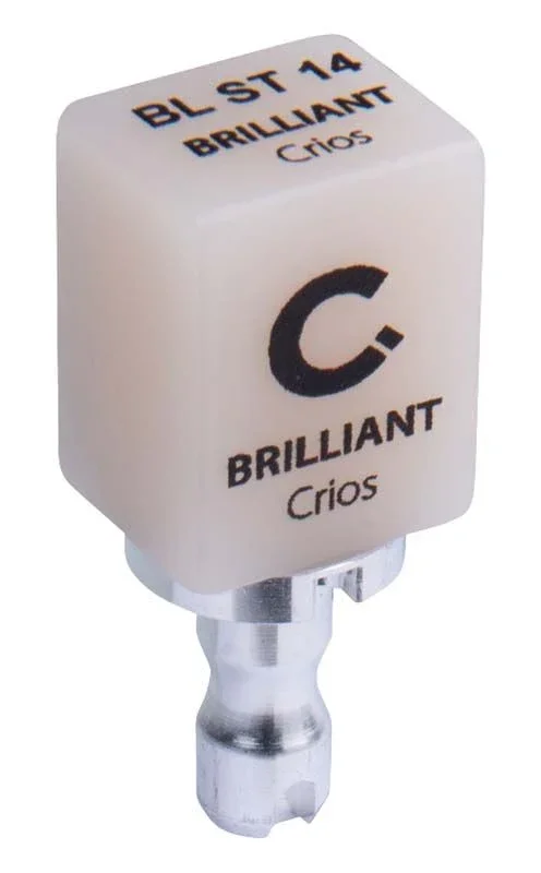 BRILLIANT Crios CEREC 14 ST Block in Cremefarbe mit schwarzem Aufdruck.