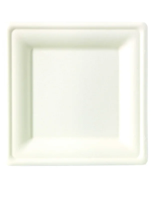 Assiettes carrées en fibre de canne compostables blanches