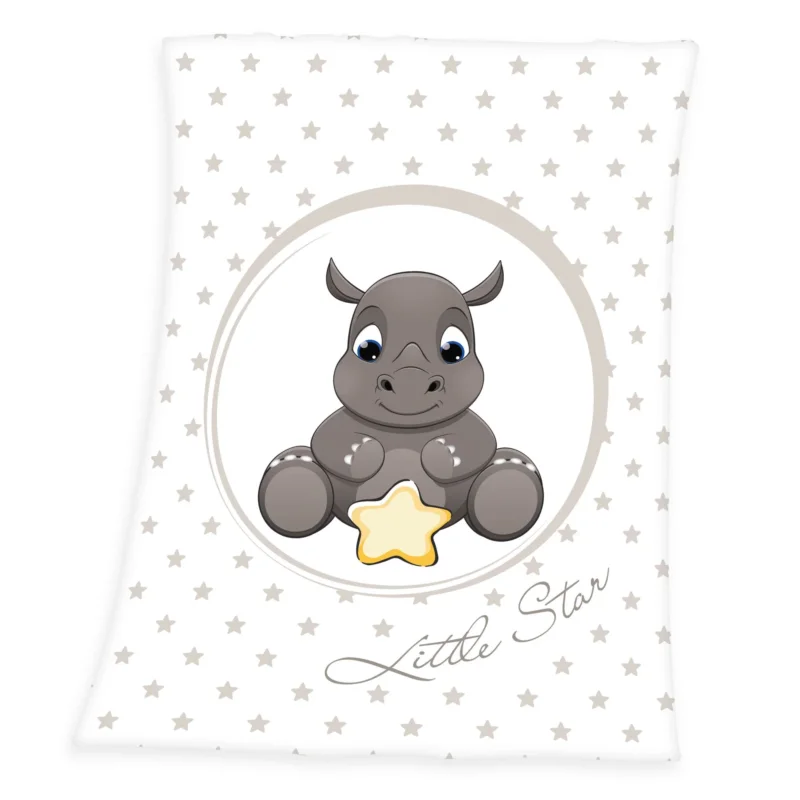 Produktansicht der Baby-Kuscheldecke freigestellt auf weißem Hintergrund; zeigt das weiche Design mit dem kleinen Nashorn, dem Sternenmuster und der Aufschrift „Little Star“ in der direkten Draufsicht.