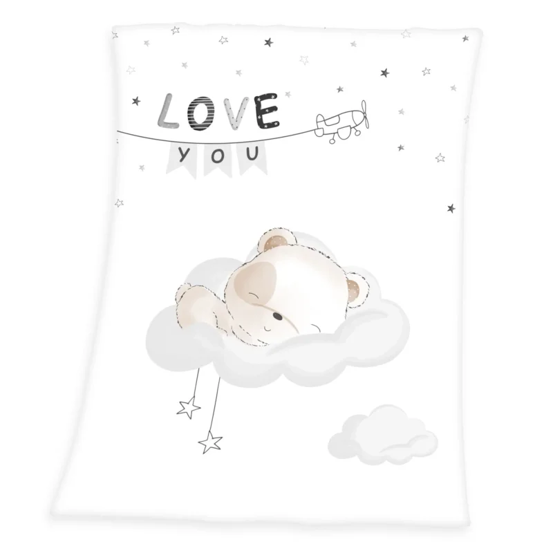 Produktansicht der Babydecke, gerade freigestellt auf weißem Hintergrund; zeigt das gesamte, harmonische Design mit dem schlafenden Bären auf der Wolke und dem Spruch „LOVE YOU“ im oberen Bereich.