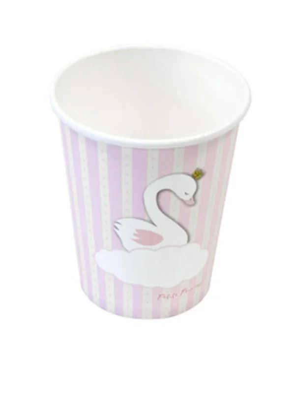 Gobelets en carton cygne rose et blanc à rayures avec cygne à couronne dorée