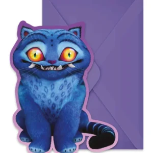 Invitations et enveloppes K-pop Demon Hunters pour enfant bleues avec chat monstre et enveloppe violette