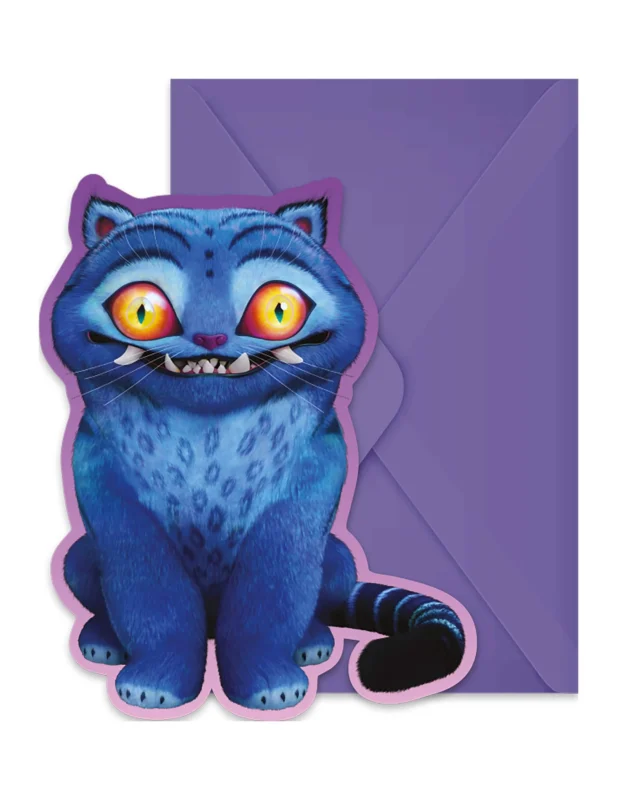 Invitations et enveloppes K-pop Demon Hunters pour enfant bleues avec chat monstre et enveloppe violette