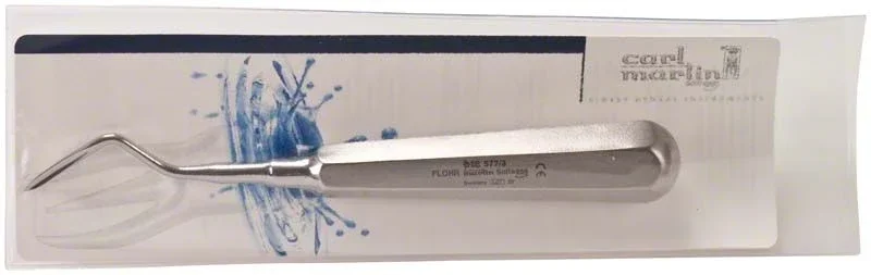 Wurzelheber FLOHR, abgewinkelt, in Verpackung mit blauem Spritzmuster.
