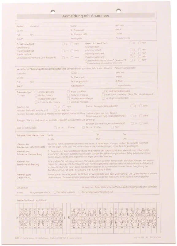 Anmeldeformular mit Anamnese-Fragen und Zahnstatus-Darstellung auf A4-Papier.