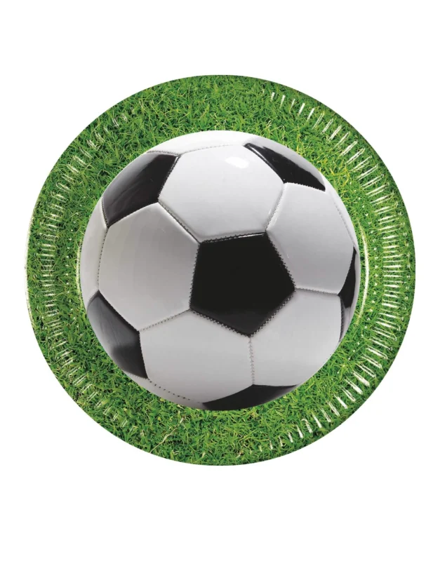 Assiettes en carton football party avec motif de ballon de foot sur pelouse verte