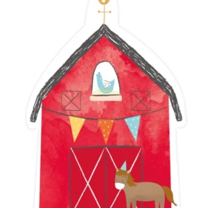 Invitations et enveloppes anniversaire à la ferme pour enfant rouges avec décor de grange et poney