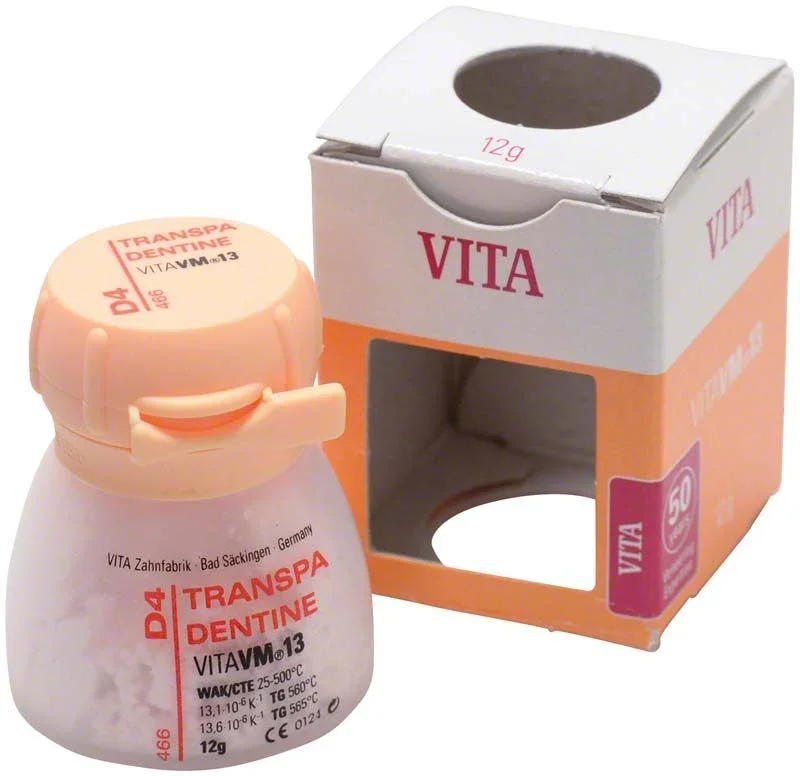 Transpa Dentin VM13 D4 Zahndentinpulver in 12g Verpackung.