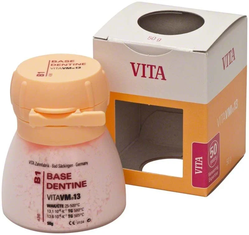 VITA VM13 Base Dentin B1, 50g Dose neben Verpackung.