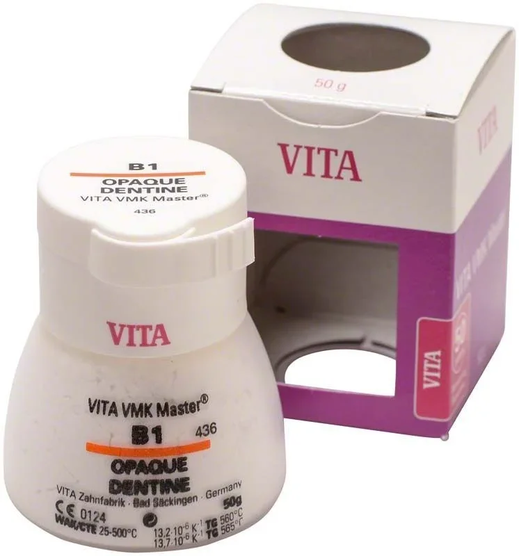 VMK Master Opaque Dentine 50g B1 mit Verpackung im Hintergrund