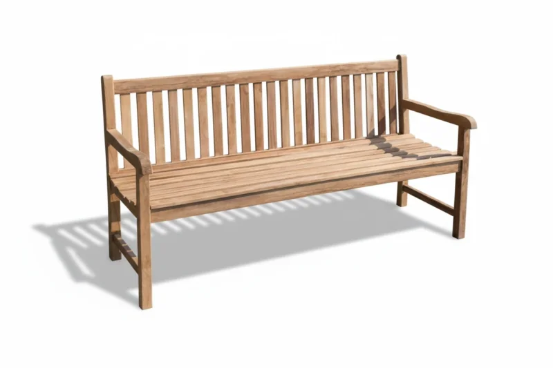 Gartenbank Picadelly 180 cm in Premium Teak, Gesamtansicht von vorne mit Spindelrücken und geschwungenen Armlehnen.