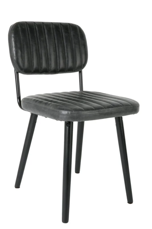 Stuhl Esszimmerstuhl JAKE WORN BLACK in Kunstleder schwarz mit vertikaler Rippung, Gesamtansicht.