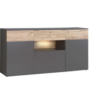 Sideboard COMO in Grau mit Planked-Eiche-Fronten, drei Schubladen und beleuchteter Nische, Gesamtansicht.