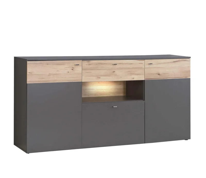 Sideboard COMO in Grau mit Planked-Eiche-Fronten, drei Schubladen und beleuchteter Nische, Gesamtansicht.