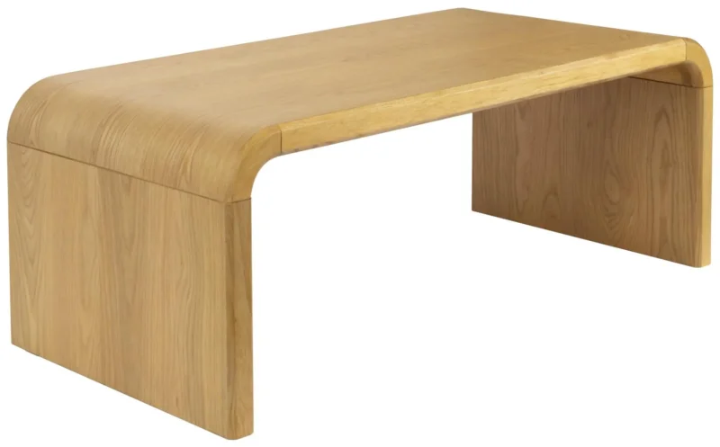 Couchtisch BRAVE 120 cm mit geschwungenen Holzkanten und rechteckiger Eichenholzplatte in Gesamtansicht.