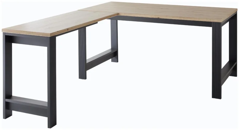 Eckschreibtisch JASMIN mit L-förmiger Anordnung, heller Eichenplatte und graphitfarbenem Gestell aus Holz, Gesamtansicht.