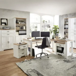 Komplettbüro Landhaus Büro-Set JASMIN 9-teilig Pinie weiß mit Schreibtisch, Regalen und Schränken in Gesamtansicht.