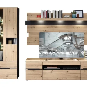 Wohnwand MEMPHIS in Artisan Eiche mit graphitfarbenen Akzenten, Gesamtansicht mit TV-Lowboard und Wandregalen.
