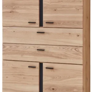Büroschrank SONOS HU02 aus Spanplatte Natur mit graphitfarbenen Griffen, Frontansicht mit zwei Türen und Schubladen.