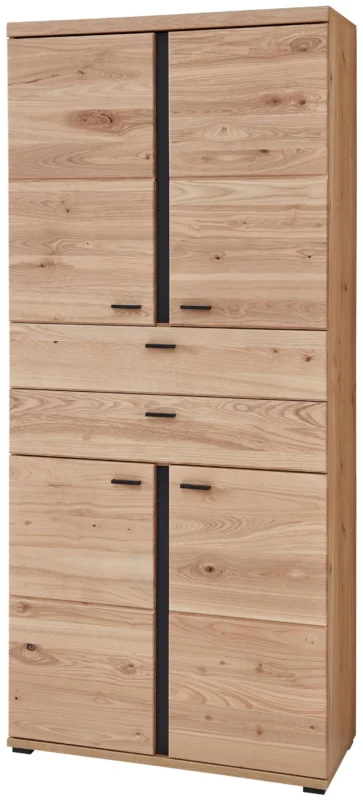 Büroschrank SONOS HU02 aus Spanplatte Natur mit graphitfarbenen Griffen, Frontansicht mit zwei Türen und Schubladen.
