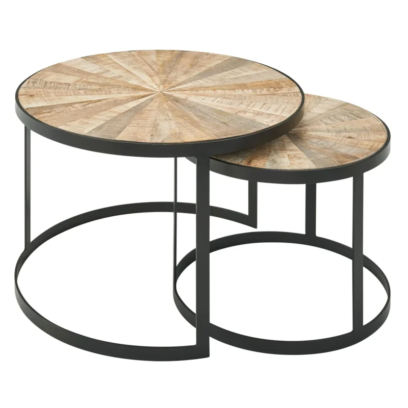 Couchtisch 2er Set Mango Massivholz mit runden Tischplatten und schwarzem Metallgestell in Gesamtansicht.