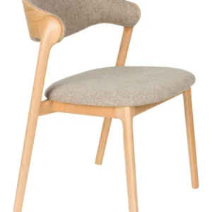 Esszimmerstuhl Babington mit geschwungenem Rückenlehnen-Design, Buchenholzgestell und graubeige gepolsterter Sitzfläche.