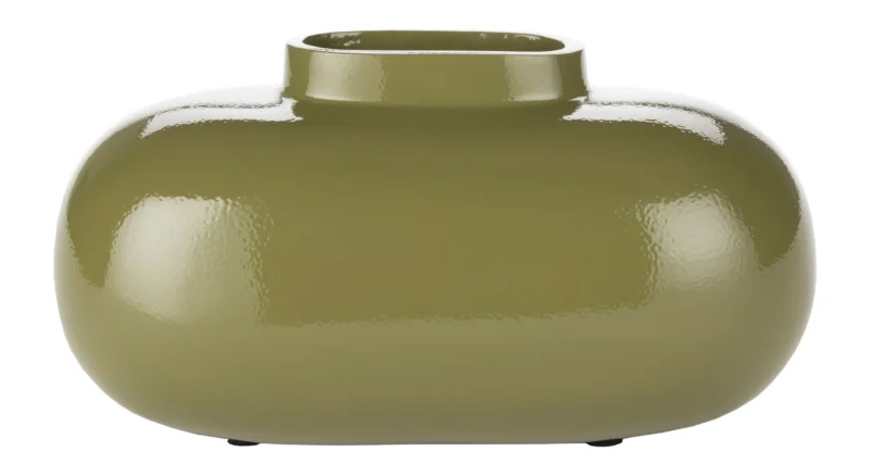 Gesamtansicht der Vase Droplet M Green Dutchbone mit bauchiger, abgeflachter Form in Grün und schmaler Öffnung.