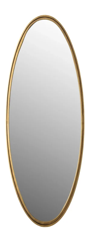 Wandspiegel Matz Oval in Antique Brass mit schmalem Metallrahmen in Gesamtansicht.