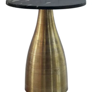 Beistelltisch Rund 40 cm Gold mit schwarzer Marmorplatte und konischem Metallgestell, Gesamtansicht.