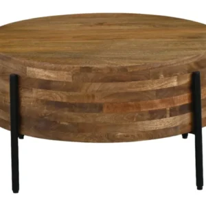 Couchtisch Mango 70 cm mit runder Massivholzplatte in Natur und schwarzen Metallbeinen, Gesamtansicht.