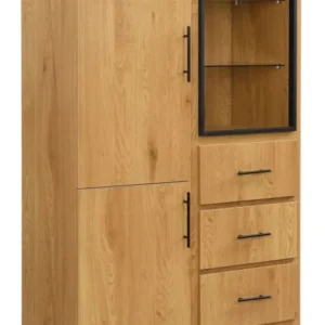 Sideboard Eiche 188 cm mit Türen, Schubladen & Regal in Braun, Gesamtansicht mit offener Vitrine und geschlossenen Türen.
