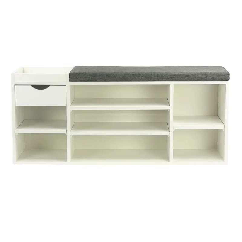 Schuhbank Flur Weiß 100 cm mit Sitzkissen, Schublade und Regalböden in Gesamtansicht von vorne mit grauem Sitzkissen oben.