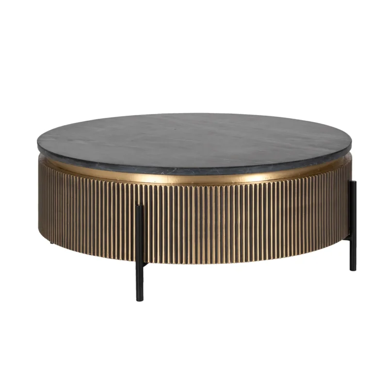 Couchtisch Ironville gold 90 cm mit schwarzer Marmorplatte und gerilltem Gestell in Messing-Optik, Gesamtansicht.