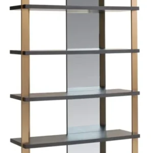 Gesamtansicht der Vitrine Alexander Jones charcoal mit spiegelnder Rückwand und hellen Eichenfurnier-Regalen.