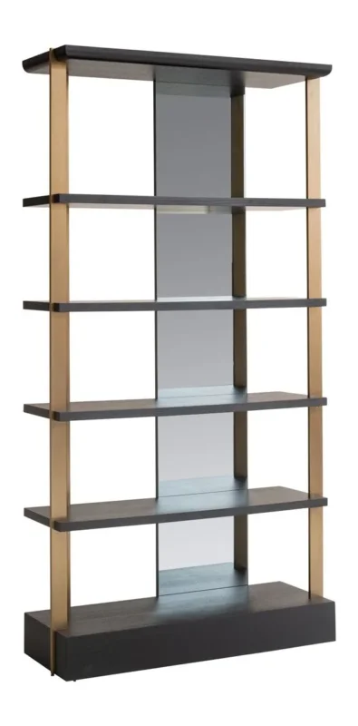 Gesamtansicht der Vitrine Alexander Jones charcoal mit spiegelnder Rückwand und hellen Eichenfurnier-Regalen.