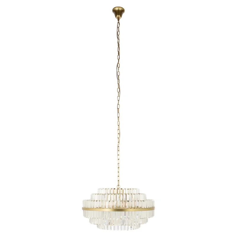Pendelleuchte Desire brushed gold, 6-flammig mit Kristallanhängern in Gesamtansicht und goldenem Kettenaufhang.