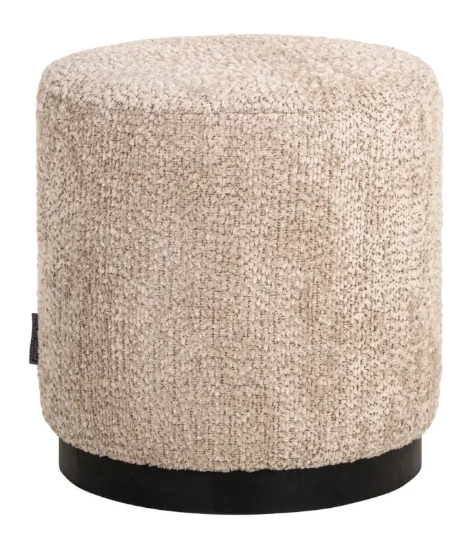 Hocker & Fußbank Yoda Ø45 cm in Beige mit schwarzem Sockel, Gesamtansicht von vorne.